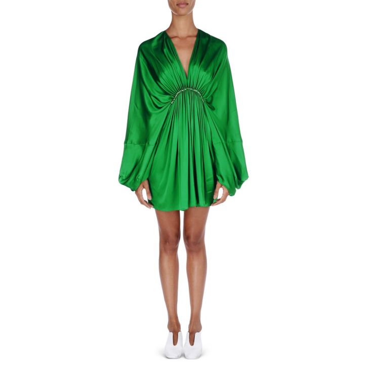 vestido verde de raso-green dress-stella mcCartney-coleccion crucero-tropical style