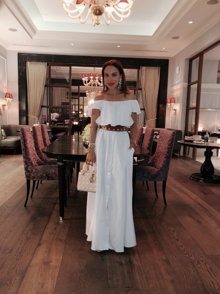 marchal restaurante copenhagen-long white dress-Dior handbag