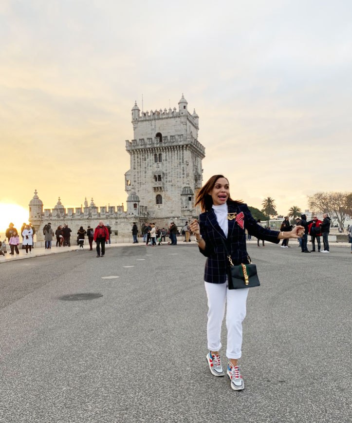 sandro-white-pant-aqua-balenciaga-style-sneakers-belem-tower-lisbon