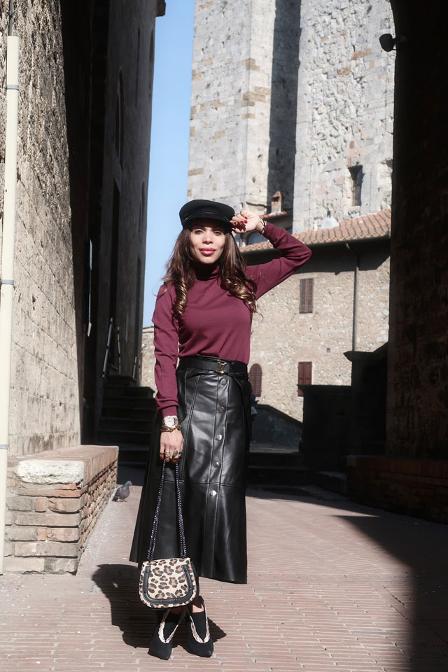 san-gimignano-italy-cashmere-sweater-sophia-webster-booties-animal-print-bag