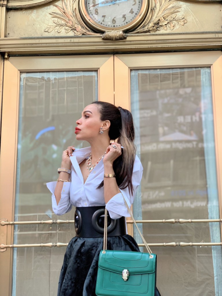 black and white outfit - Bvlgari bag